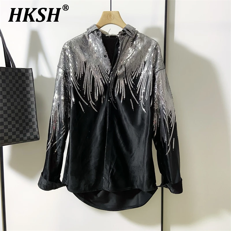 

HKSH 2024 Men's Korean Trendy Brand Designer Long Sleeve Shirt Personalized Sparkling Wings Embroidered Top Stage Costume HK2359