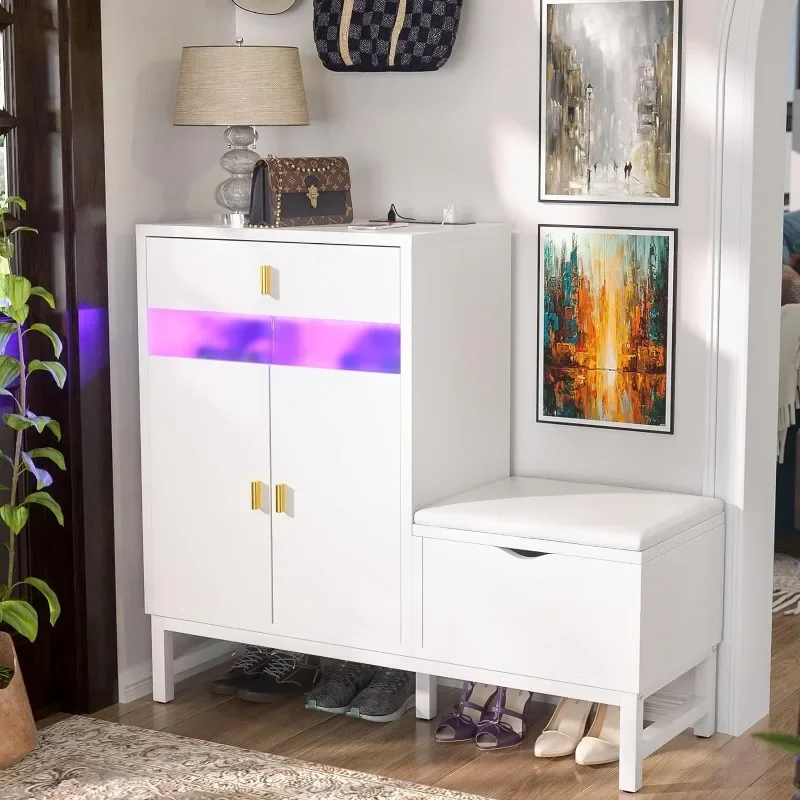 

Shoe Cabinet Storage for Entryway - Freestanding Shoe Rack Bench with LED Lights & Power Outlets, Reversible Shoe Storage