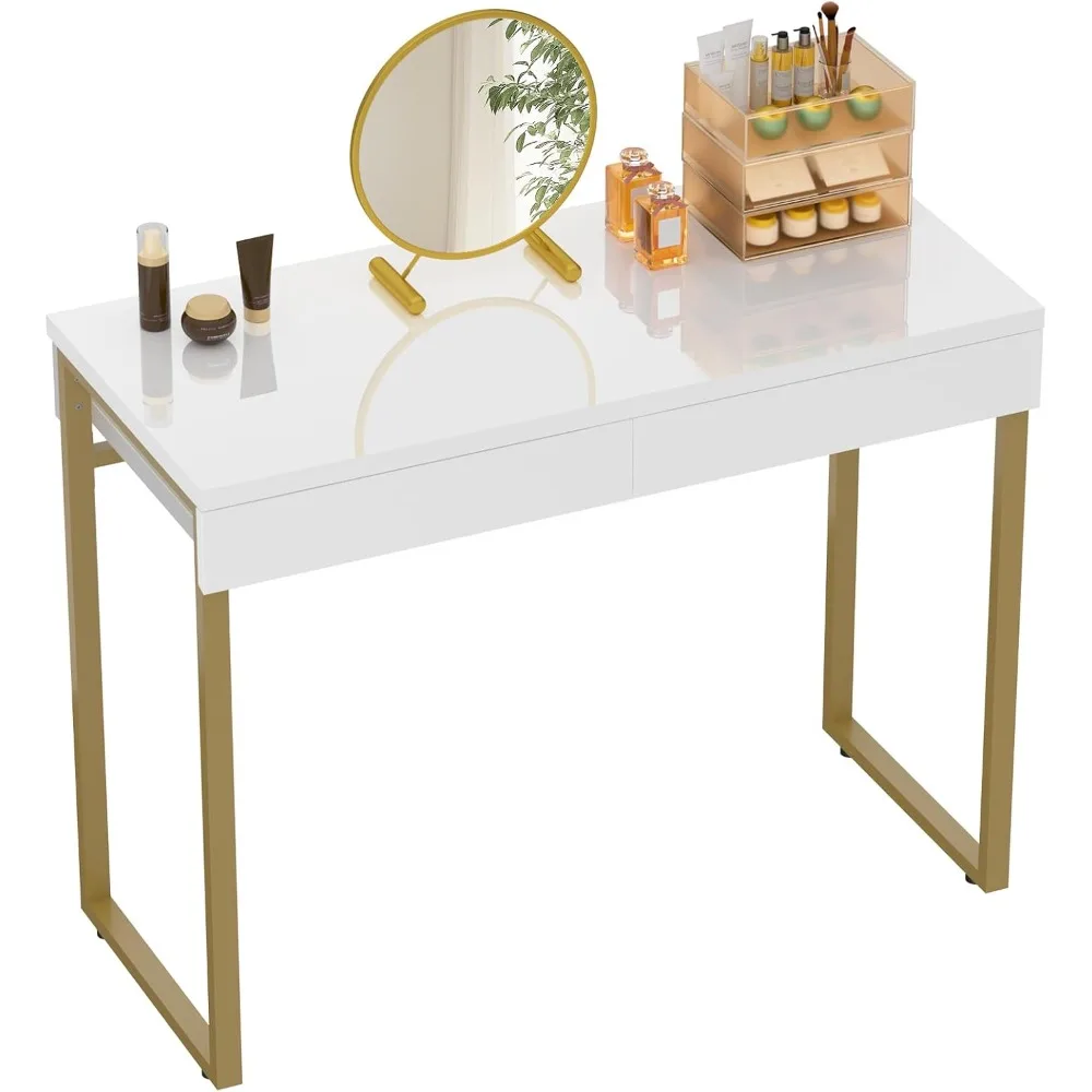 

"two-drawer 47-inch white vanity desk with glossy top and gold metal legs for home makeup area"