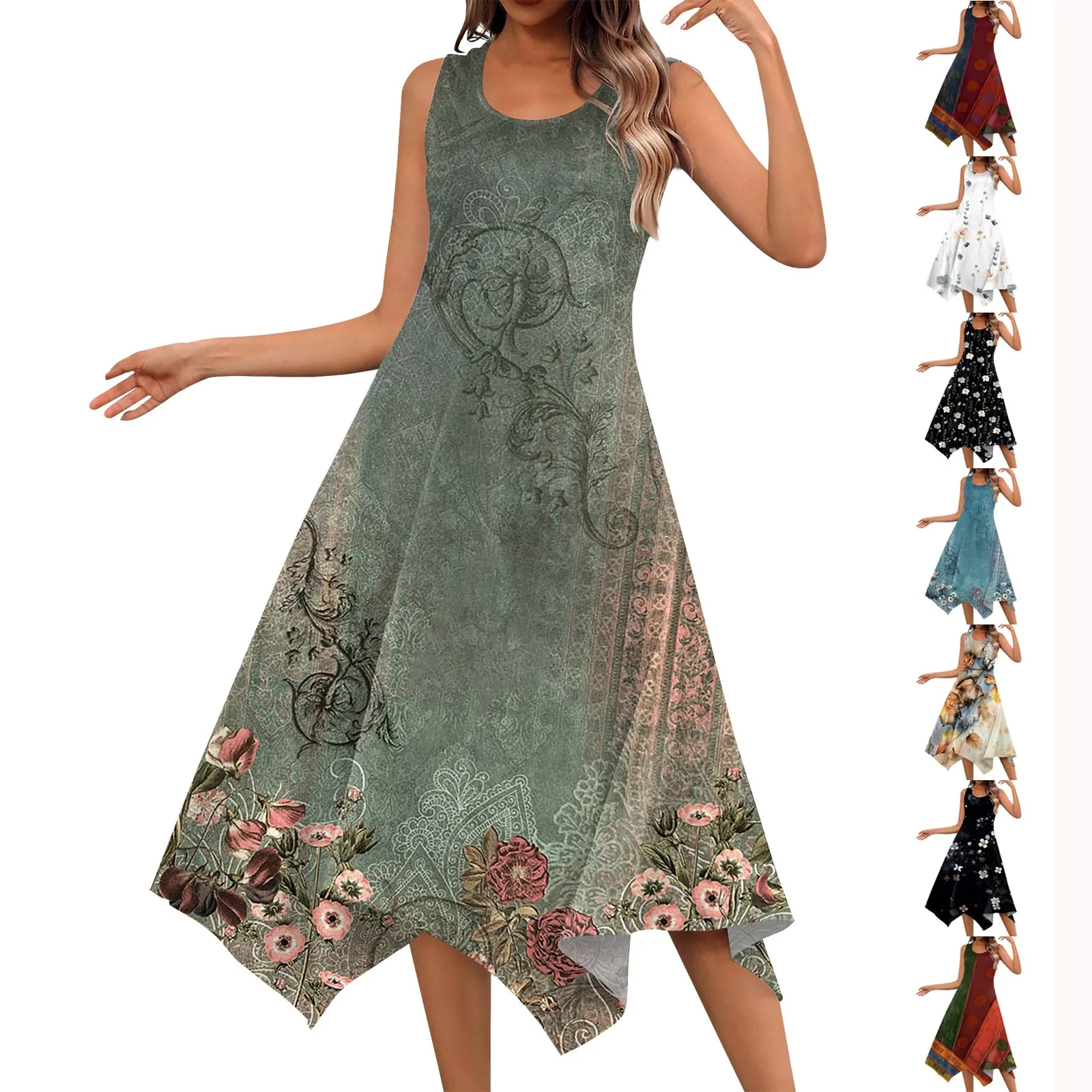 Vestido sem mangas bainha de lenço feminino com bolsos, vestido Midi Tank, estampa floral, retro, casual, férias, verão, novo