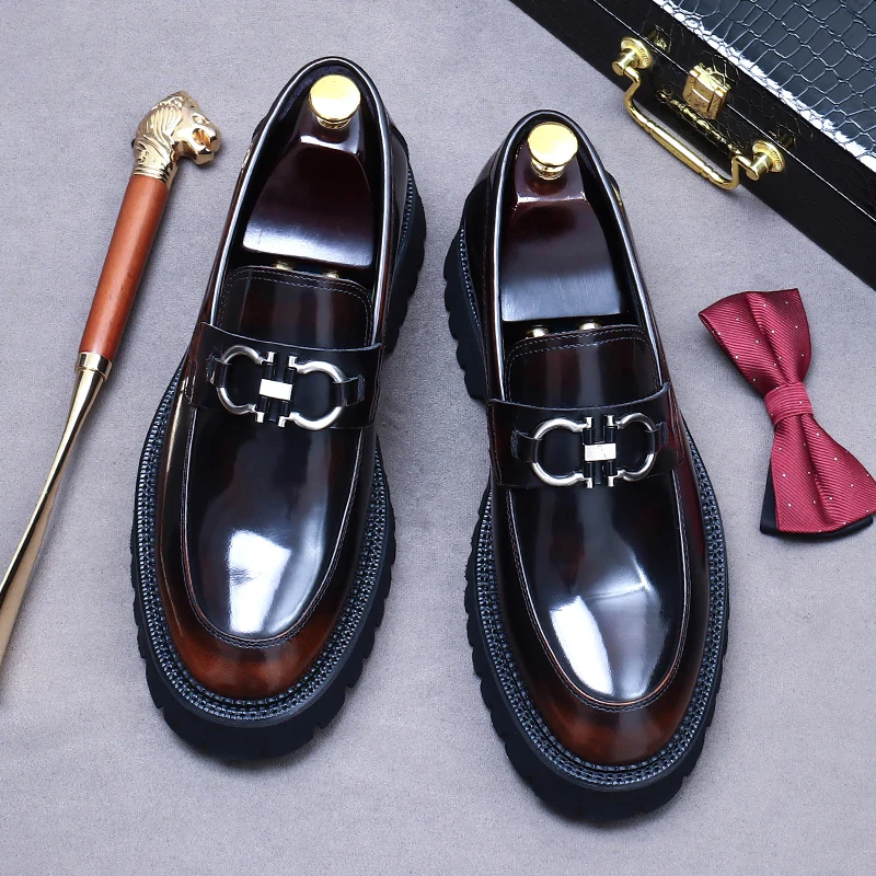 Punk Loafers Men\'s Business Shoes Thick Soles Round Toe Genuine Leather Causual Shoe Height Increase British Style Big Head Shoe