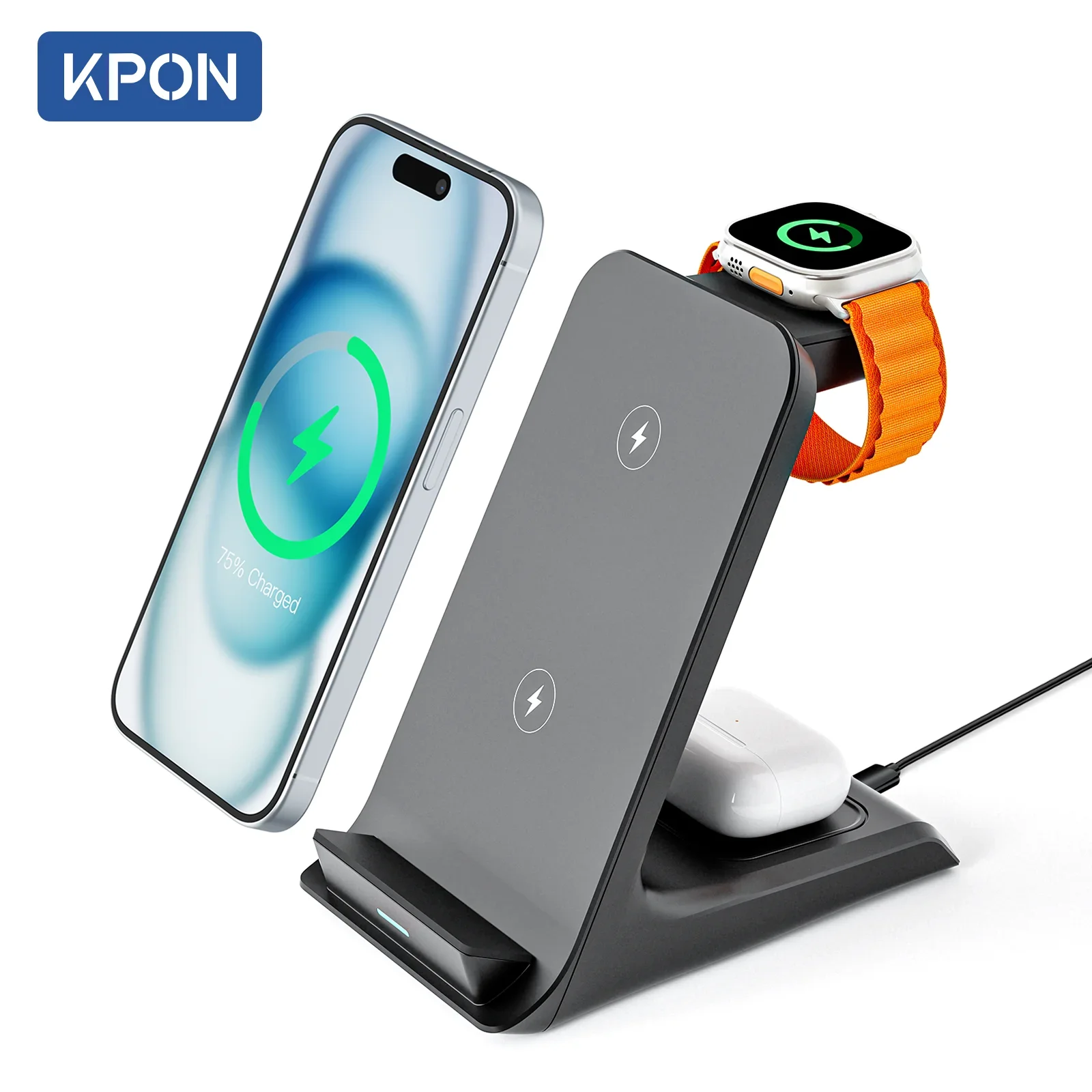 KPON 3 en 1 soporte de cargador inalámbrico estación de carga rápida para iPhone 16/15/14/13 Pro Max Apple iWatch 9/8/7/6/5 Airpods 3/2
