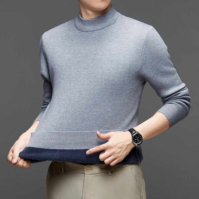 남성용 겨울 신상 하프 하이넥 스웨터, 플리스 안감과 두꺼운 울 소재로 보온성과 이너웨어로도 활용 가능