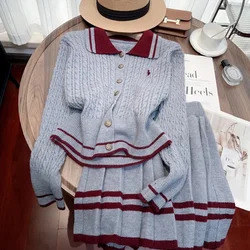 Autumn Winter Knitted Two Piece Sets Womens Outifits Office Lady Long Sleeve Knitted Cardigan Sweater + A-Line Mini Skirt Suit