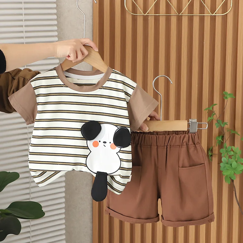 

Childrens Summer Suit 2025 Korean Baby Boy Clothes 18 To 24 Months Striped Dog Short Sleeve T-shirts and Shorts Boys Outfit Set