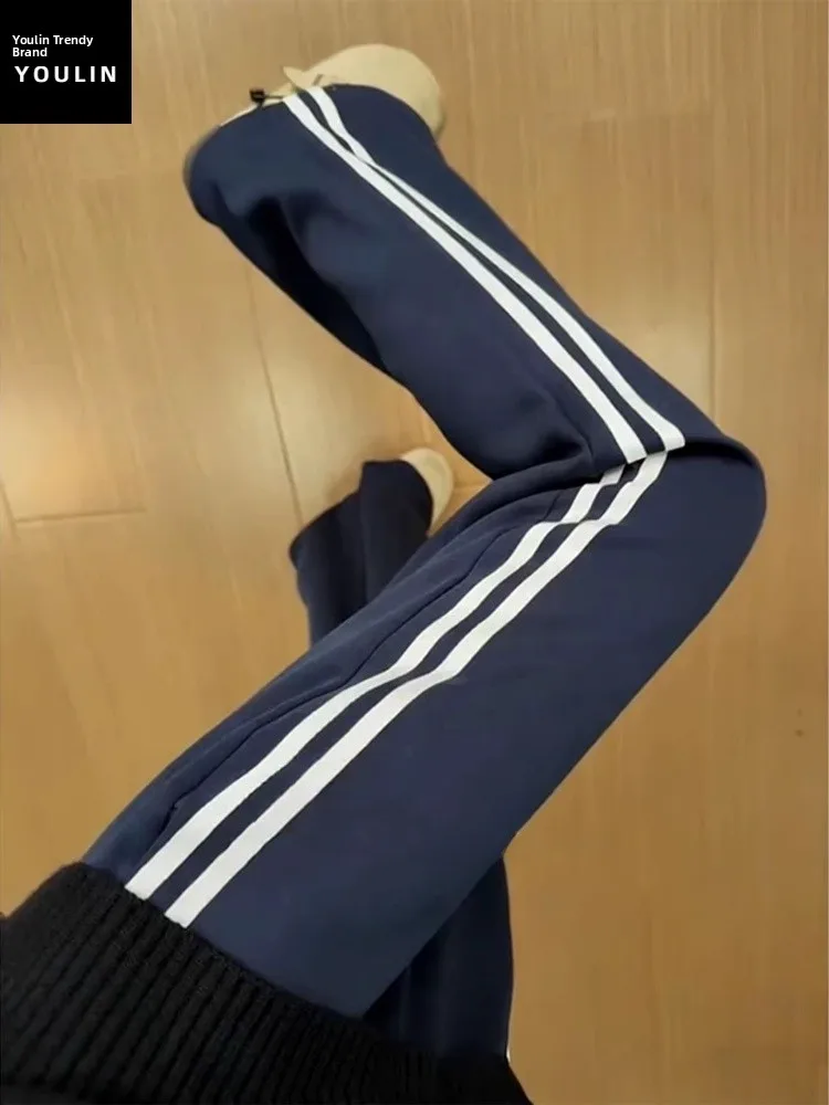 

Men's Spor Blue Striped Straight Leg Pants Winter Heavyweight American Sle Casual Trousers Cleanfit Drapey Loose Fit