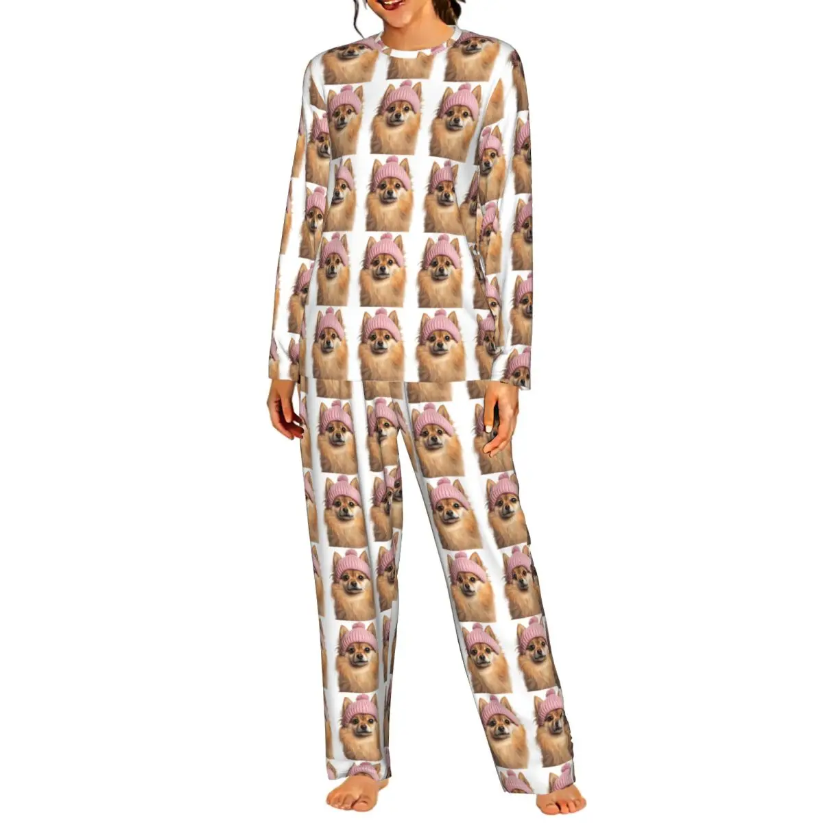 Pomeranian Dog Wearing Pink Winter Hat Round Neck Long Sleeve Nightgowns for Sleeping Sleepshirt Women Soft Pajama Set Long Pant