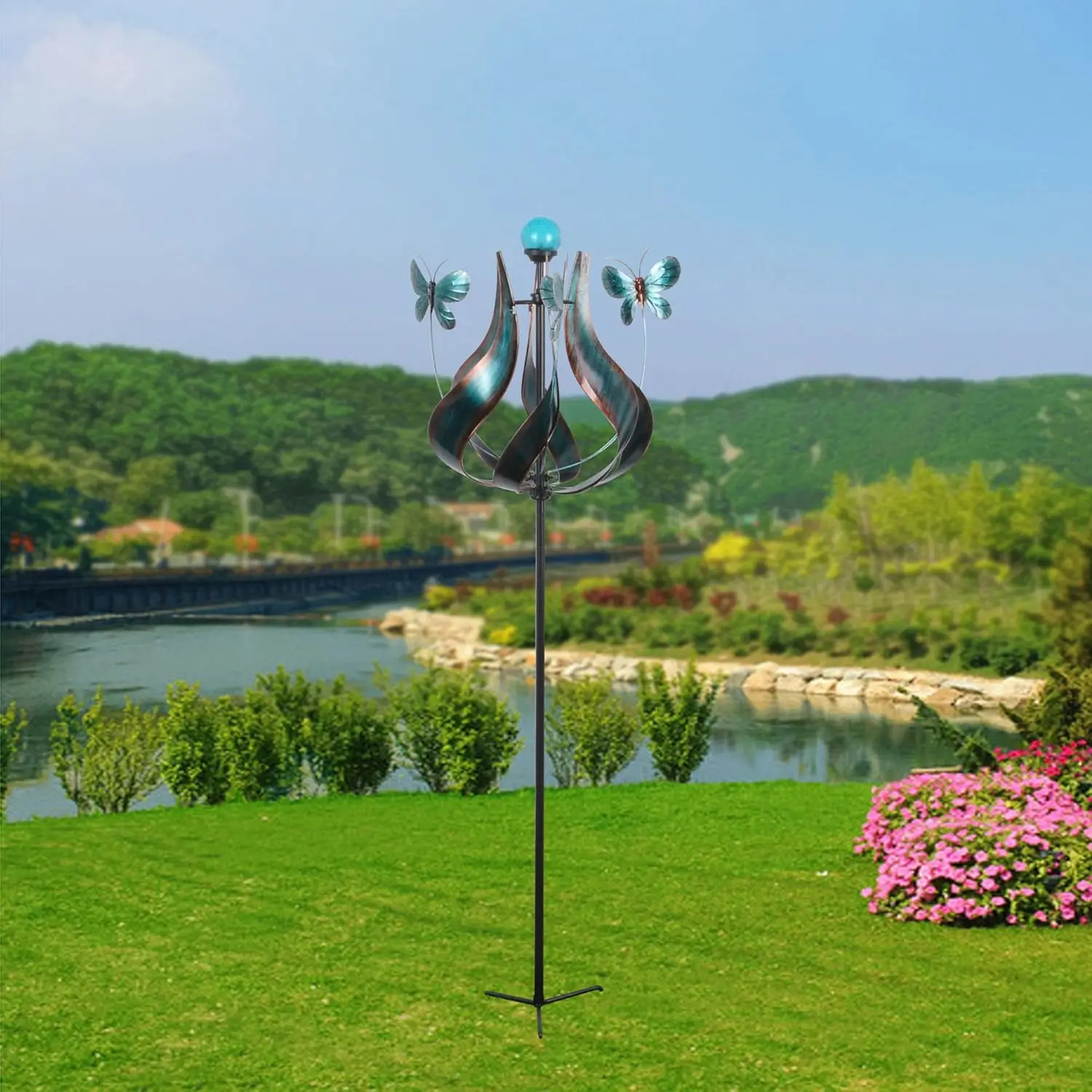 Teamson Home Solar Powered Tulip Butterfly Kinetic Metal Windmill Wind Spinner with LED Light for Outdoor Patio Garden Backyard