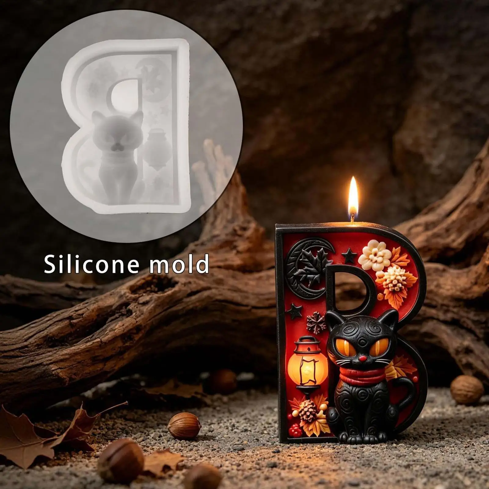 

Halloween Alphabet B Candle Mold,3D Black Cat Spooky Decoration Halloween Alphabet B Silicone Mold For Wax Clay Crafts