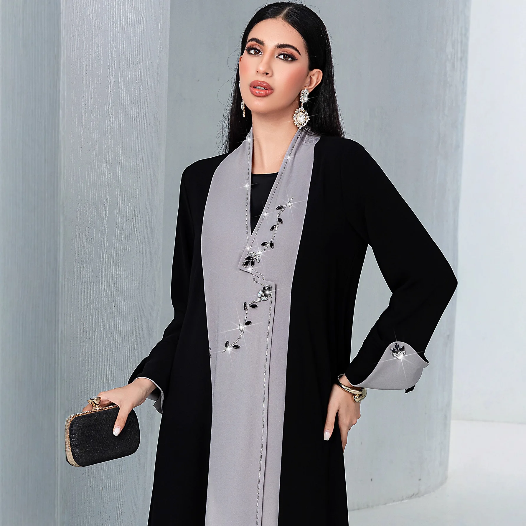 Open Voorzijde Abaya Diamanten Moslim Lange Mouw Arabische Abaya Midden-Oosten Turkije Kaftans Vrouwen Jalabiya Islamitische Maxi Jurk Turkije