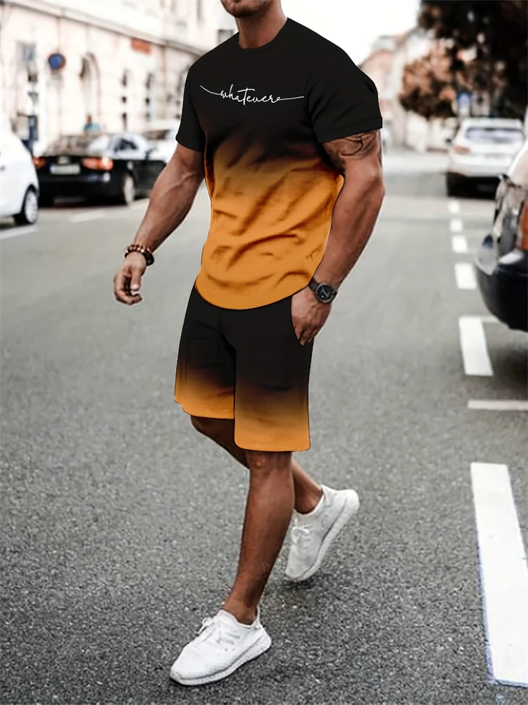 2025 New Stitching Printed Men's Suit Summer Round Neck Short Sleeve Top And Casual Shorts Fashion Street Style Two-Piece Set