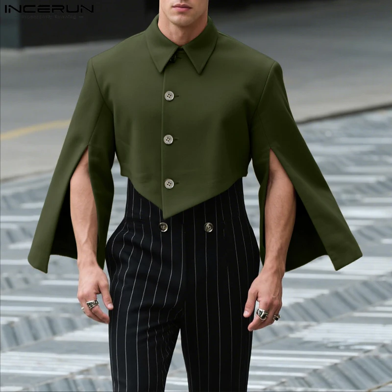

INCERUN Men Irregular Jackets Solid Color Lapel Split Long Sleeve Button Male Coats Streetwear Fashion Casual Crop Jackets S-5XL