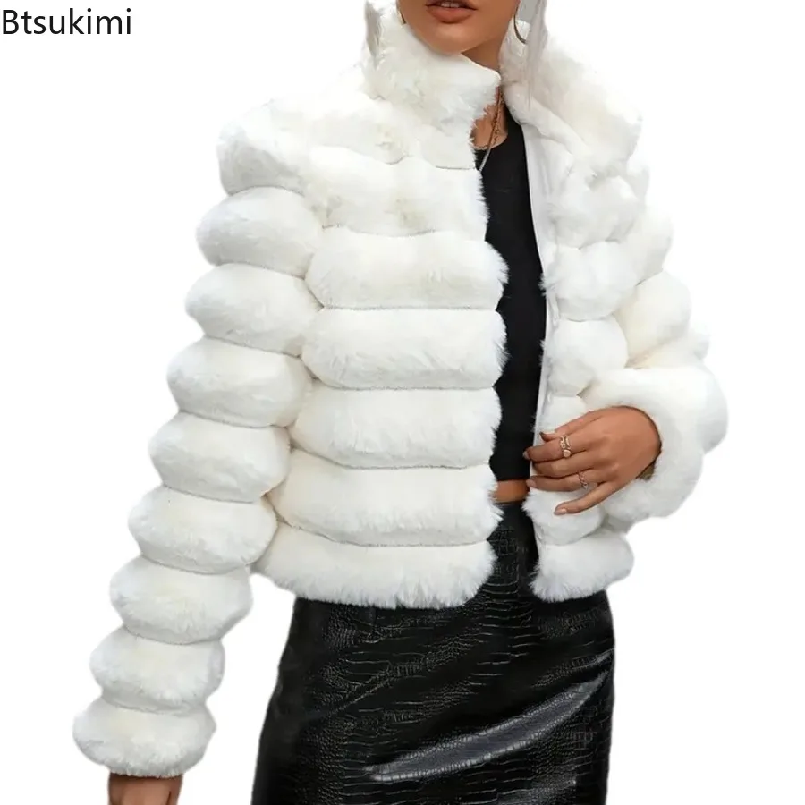 2025 New Autumn Winter Women Faux Fur Jacket Solid Color Stand Collar Faux Fur Short Coat Fashion Luxury Coat Female Streetwear
