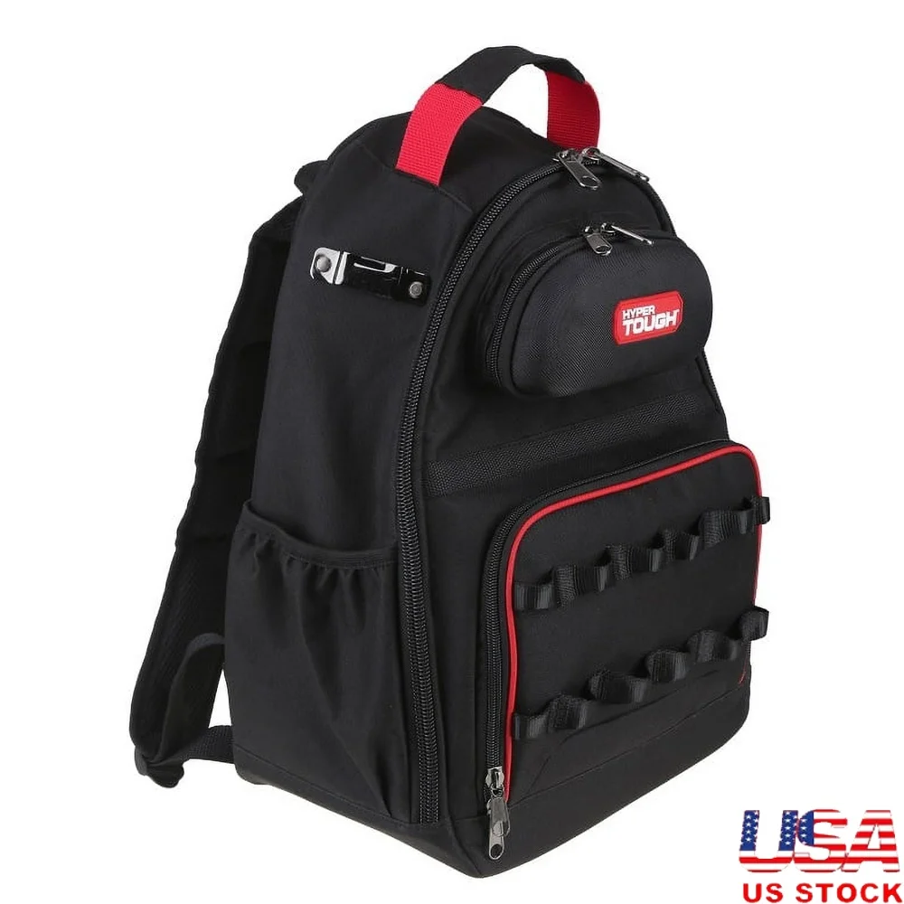 Mochila portátil para ferramentas, com 20 bolsos e alças, estojo para óculos de segurança com zíper, fita métrica externa, tiras acolchoadas, pés duros