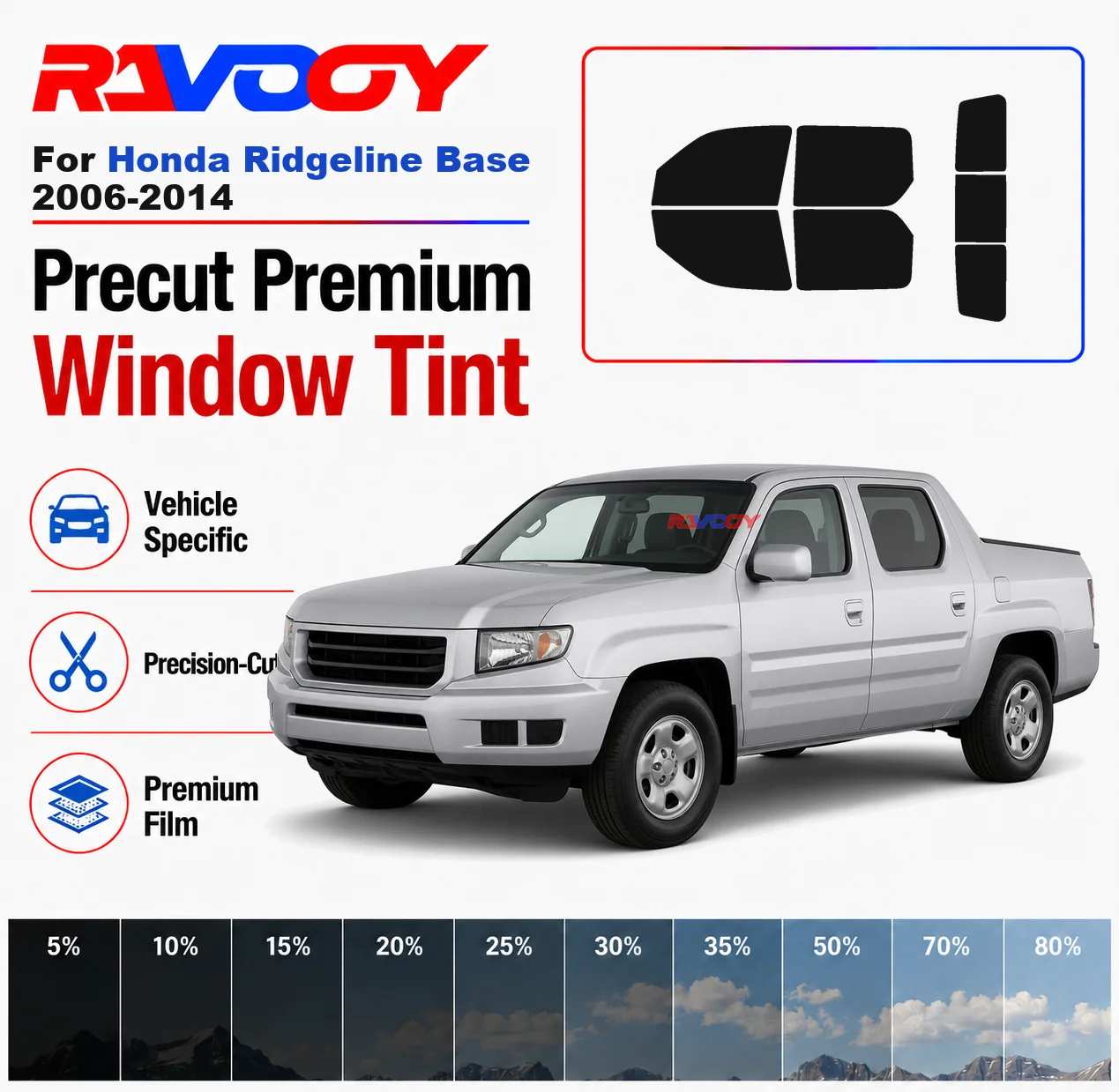 Premium Precut Window Tint Kit Front Rear Windows Rear Windshield For Honda Ridgeline Base 2006-2014 Car Solar Nano Ceramic Film