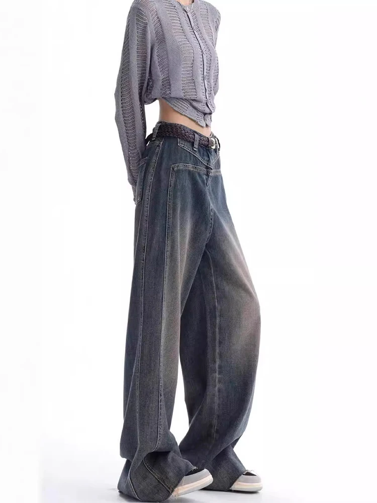 SHENGPALAE Vintage Gradient Colot Jeans For Women Versatile Color Block New 2024 High Waist Pockets Female Wide Leg Pants 5C1650