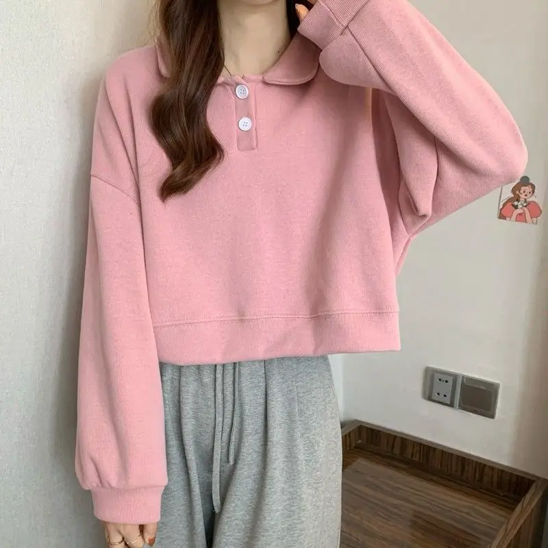 Women's Clothing Casual Korean Fashion Loose Buttons Solid Color Long Sleeve Pullover Youth Lively Bright Easy Close to The