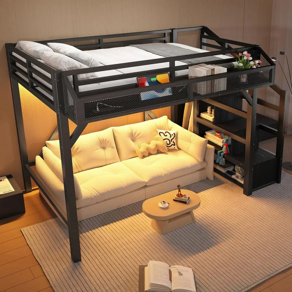 Twin Loft Bed Storage Stairs Shelves Wardrobe Metal Frame USB LED Lights Noise-Reduced Black MDF Twin, Customized image 4