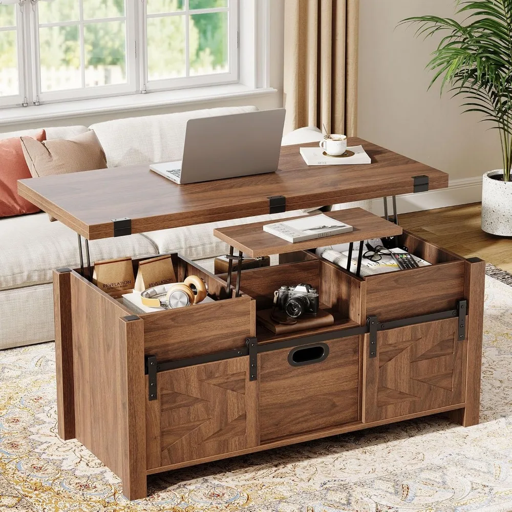 40 inch Farmhouse Lift Top Coffee Table with Storage Drawers, Walnut