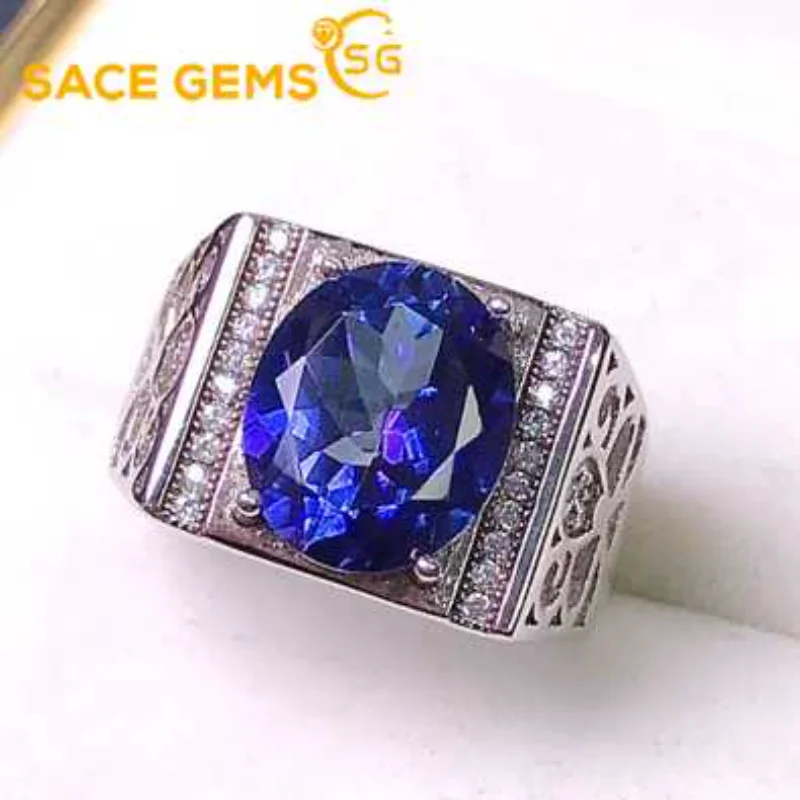 

SACE GEMS Fashion 10*12MM Natual Tanzanite Blue Topaz Rings for Man 925 Sterling Silver Wedding Party Fine Jewelry Festival