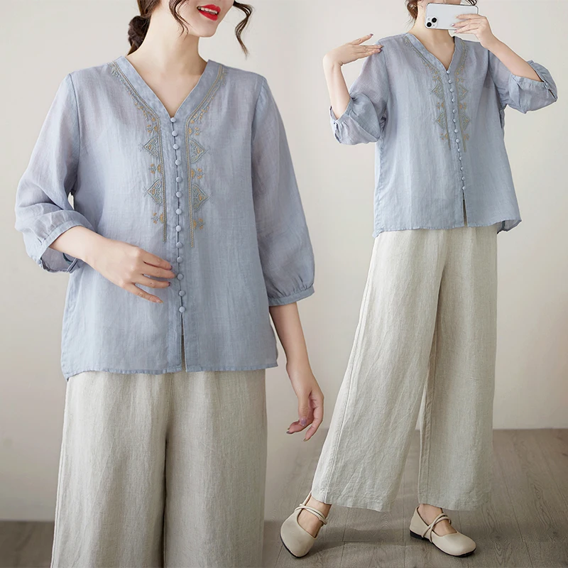 

Женский костюм больших размеров из хлопка и льна: модный топ и брюки с широкими штанинами, комплект из двух предметов, новинка весна-лето, одежда для мам