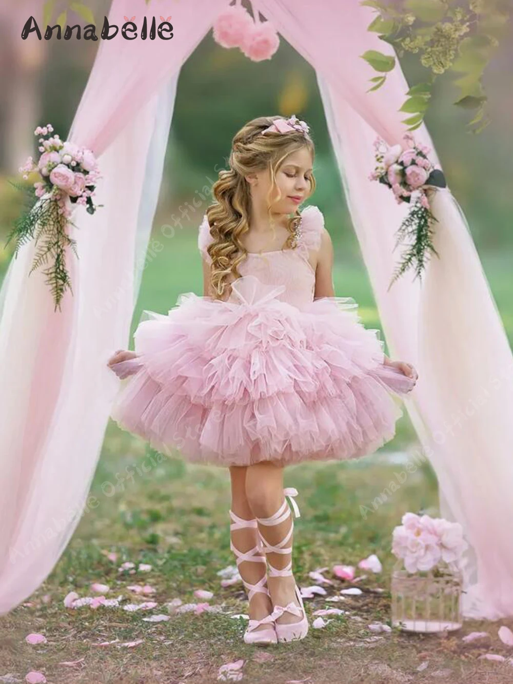 Annabelle-Robe de mariée pour filles, coupe couvertes, robe de Rhspaghetti, robe d'anniversaire pour enfants, robe de princesse douce