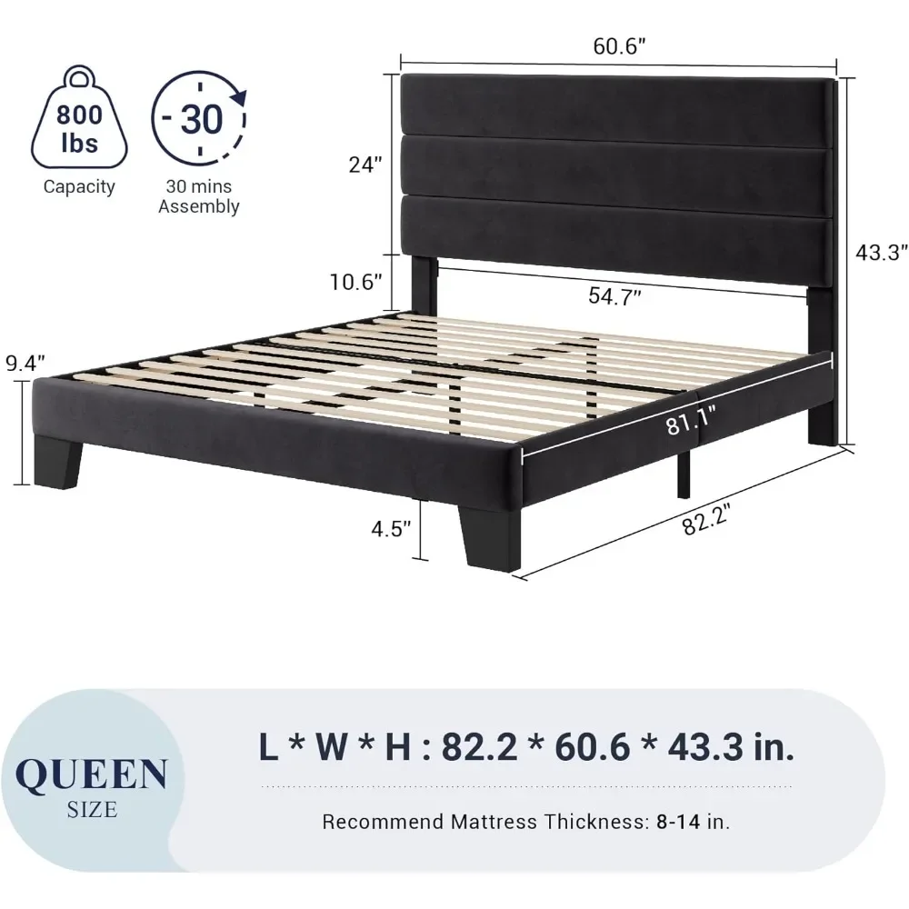 Queen's platform bed frame, velvet headboard, wooden slatted support, fully upholstered mattress base/no spring mattress