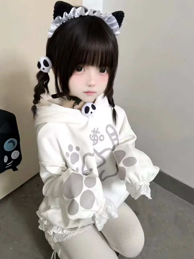 可愛いカワイイ女の子猫耳トップス和菓子Y2Kフーディサブカルチャー長袖スウェットシャツコート女性秋冬服