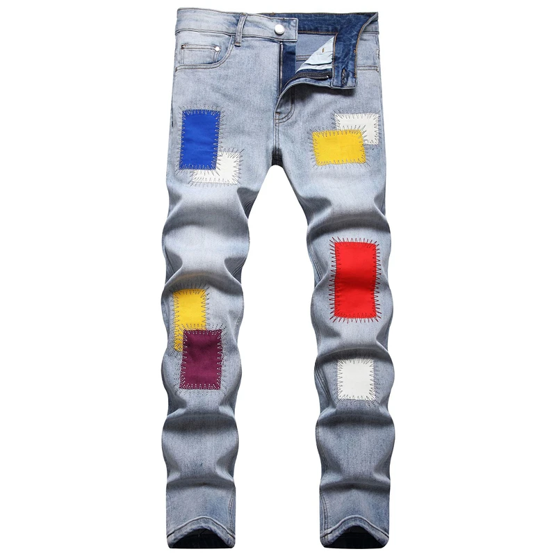 Europe United States Men's Fashion Slim Jeans Mid-Waist Casual Color Patch Elastic Pencil Pants Hip Hop Motorcycle Clothing