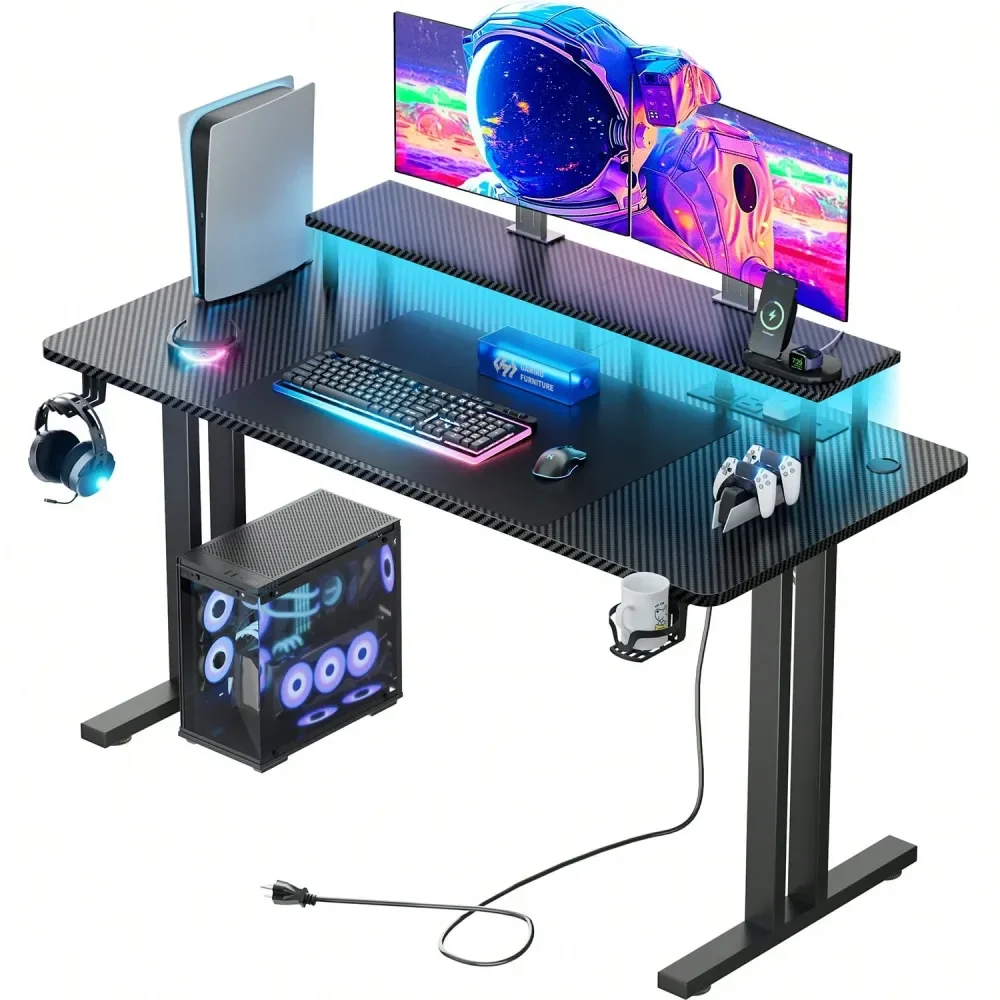 

Gaming Desk With LED Lights Power Outlet, Computer Gamer Desk With Monitor Stand, Ergonomic Carbon Fiber Gaming Table Home Offi