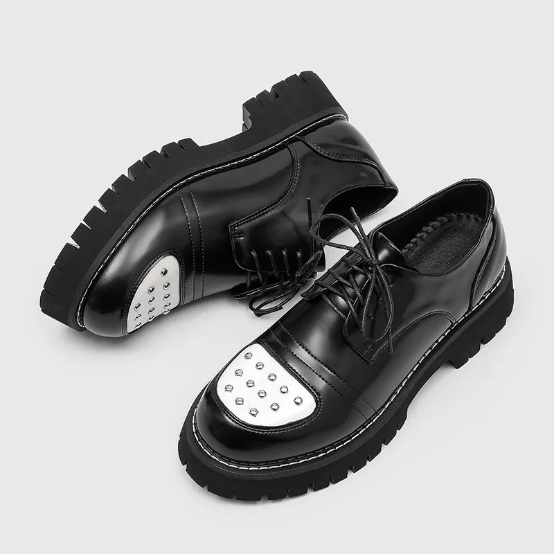 

mens fashion stage nightclub original leather rivets shoes lace-up platform derby shoe designer sneakers black stylish footwear