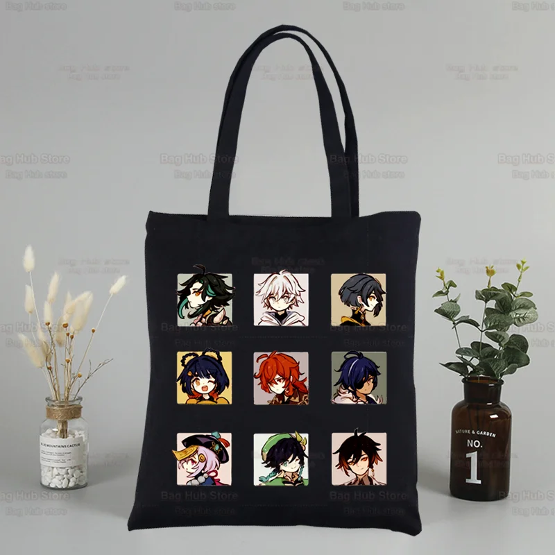 Genshin Impact Black Canvas Tote Bolsas, Unisex, Xiao Venti, Hu Tao, Uso diário, Zhong Li Raiden Shogun, Viagem, Compras