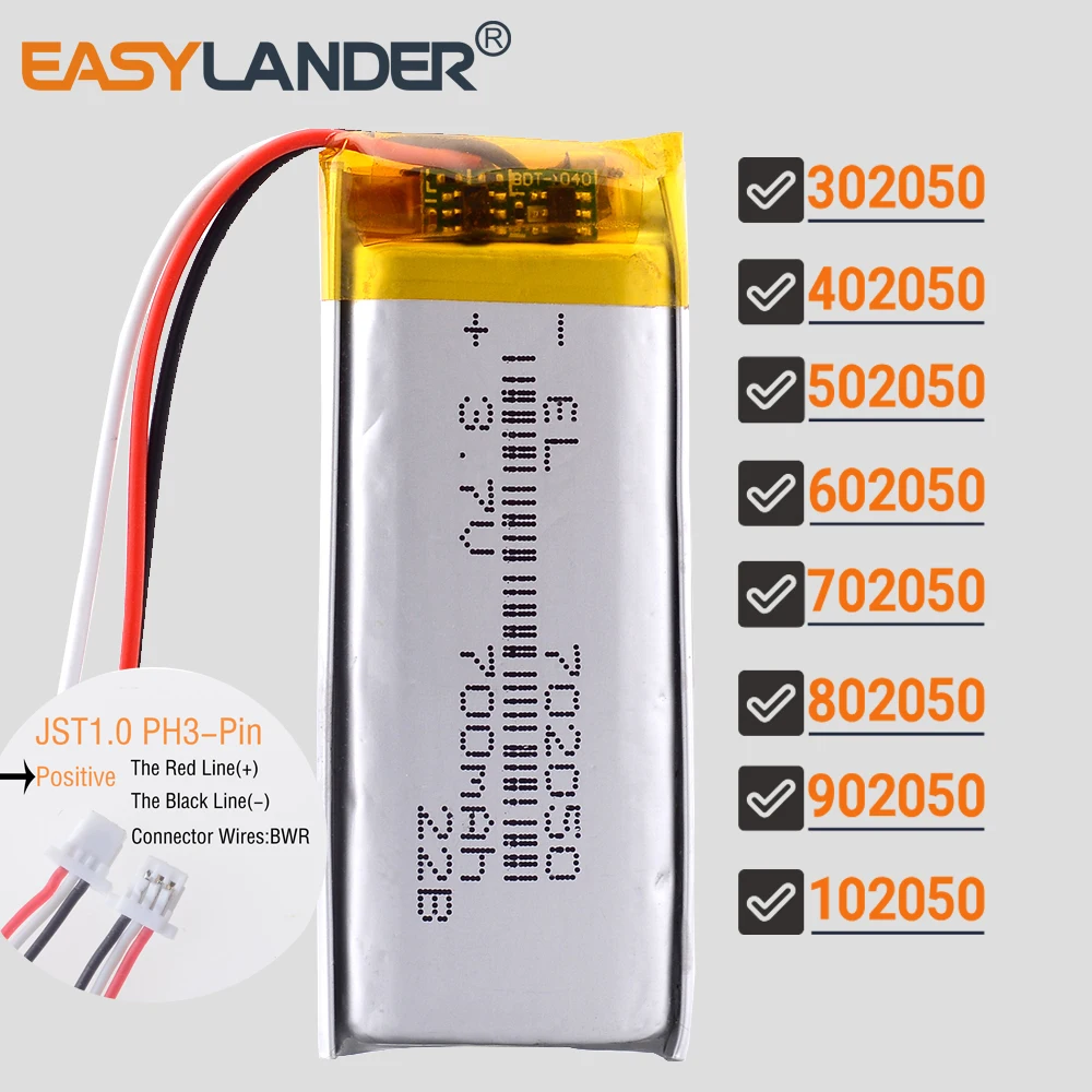 JST 1.0mm 3 broches 3.7V 700mAh 702050 Lithium polymère LiPo batterie Rechargeable 302050 402050 502050 602050 802050 902050 102050