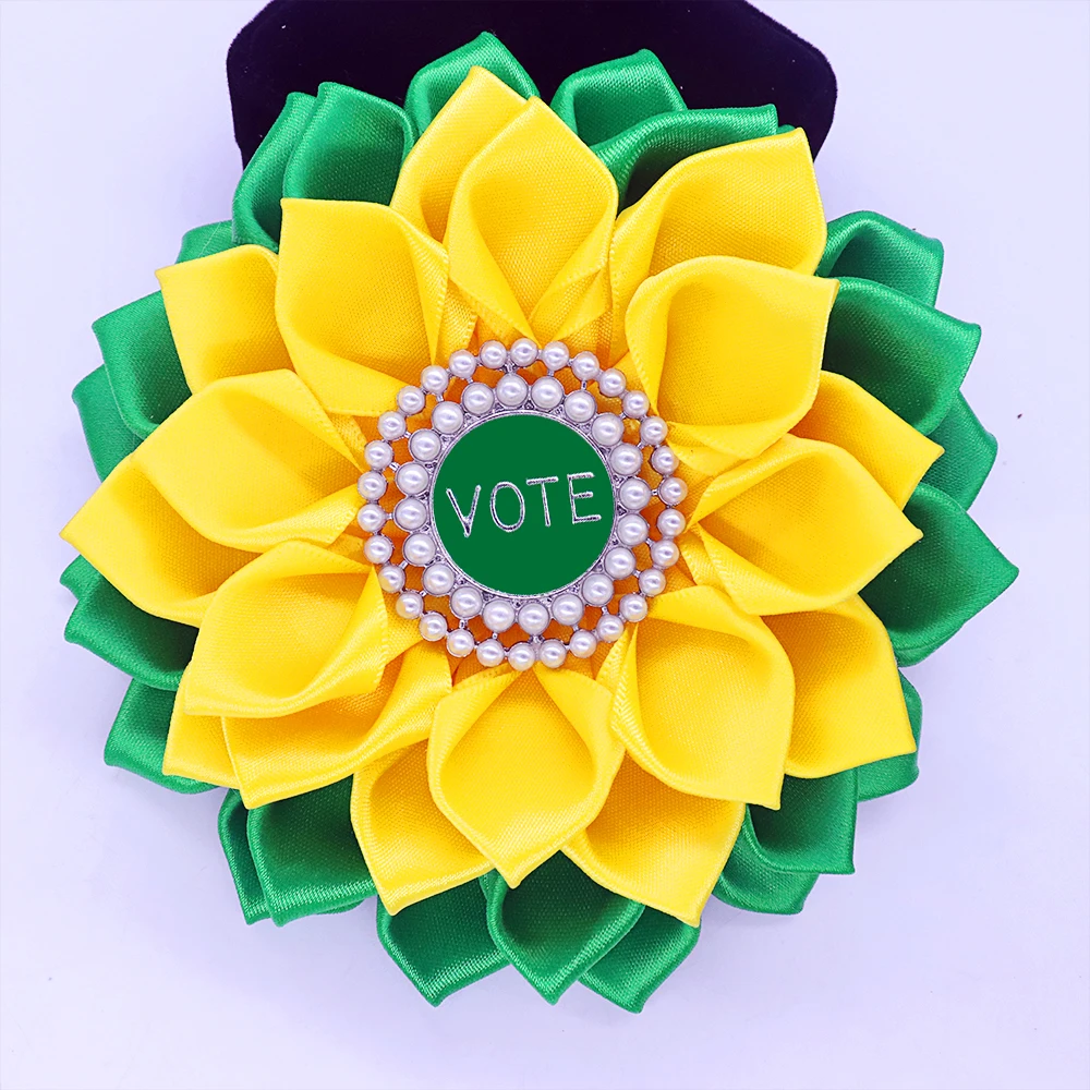 Green Yellow Satin Ribbon Corsage Flower Brooch Women Sorority Members Associate Vote Pin