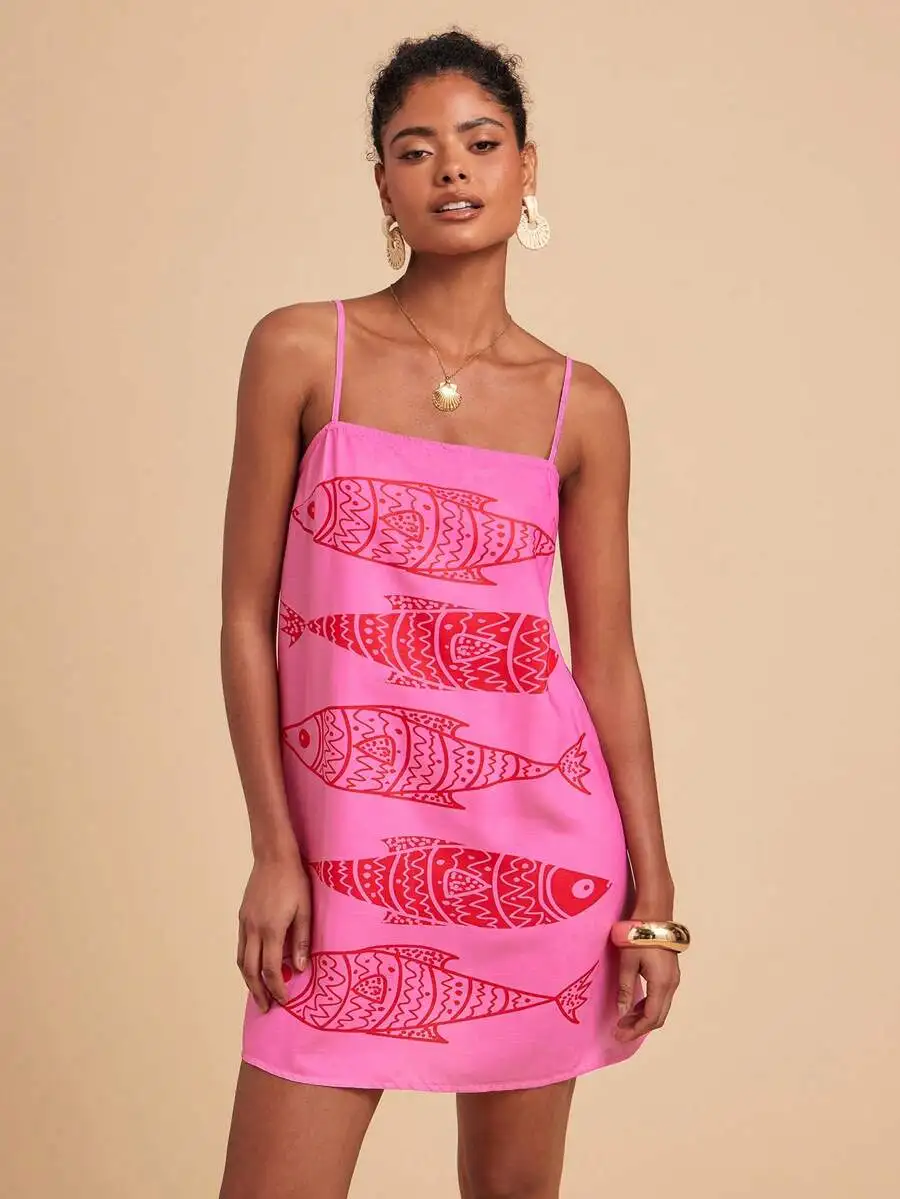 Rosafarbenes Boho-Minikleid mit Fischdruck für Damen, ärmelloses Sommer-Strandurlaub-Outfit