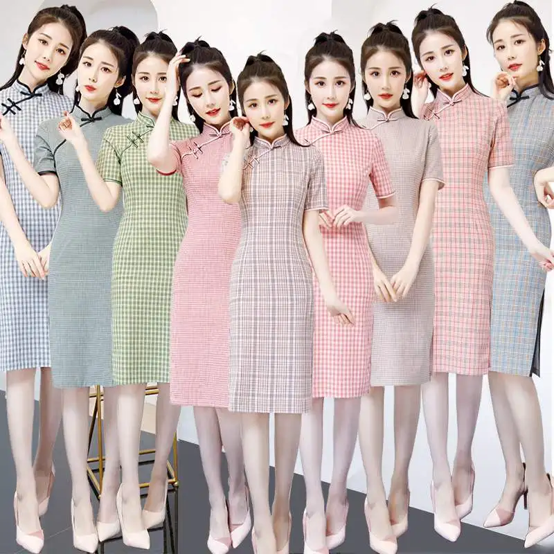 

Summer New Style Short Sleeve Plaid Artistic Qipao Dress Retro Improved Chinese Women's Fashionable Dress