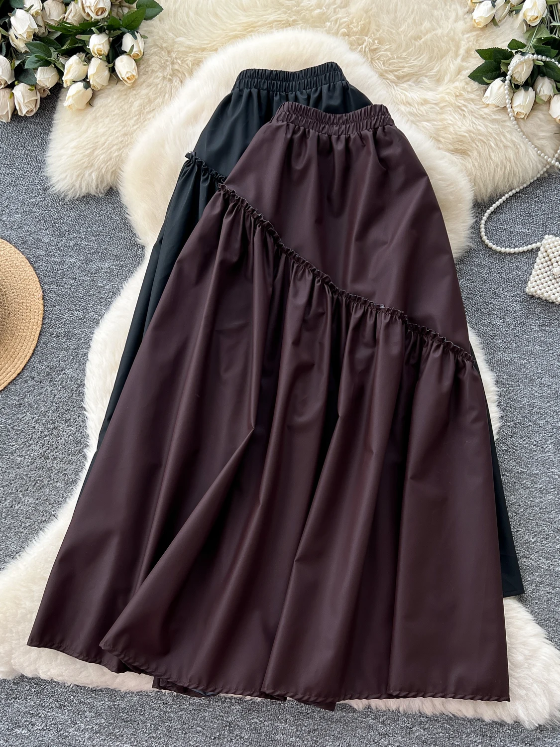 

High Waist Asymmetrical Pleated Midi Skirt Women's Autumn Faion Reed Design Slimming A-Line Leather Skirt Ci Commute