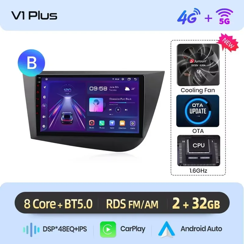 Junsun draadloze CarPlay Android Auto autoradio voor SEAT Leon Mk2 (1P) 2005-2012 met ingebouwde koelventilator, Android GPS navigatie, multimediaspeler, WiFi, DSP, RDS, BT, SWC, IPS touchscreen,