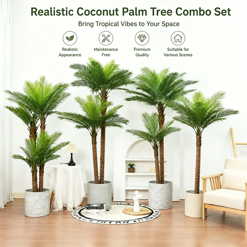 Grand palmier artificiel de 200-240 cm, faux cocotier, décoration intérieure et extérieure, plante de simulation hawaïenne, décoration de jardin et de maison