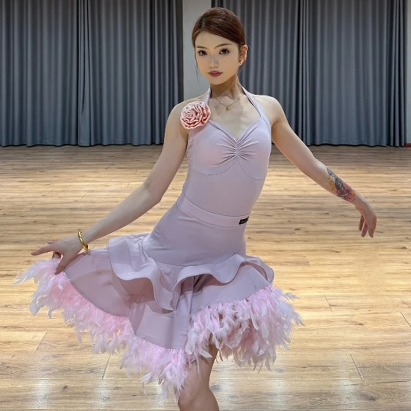 

Women Latin Dance Competition Clothing Pink Halter Neck Tops Feather Skirt Rumba Samba Dance Dresses Performance Wear DNV24137