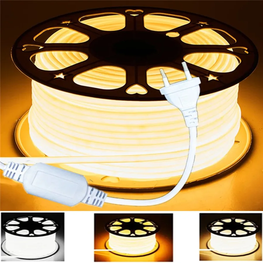 220V COB LED Strip Light IP67 EU Power Plug Buckle fixation LED Ribbon Tape Flexible COB Linear Light Bar 3000K 4500K 6000K