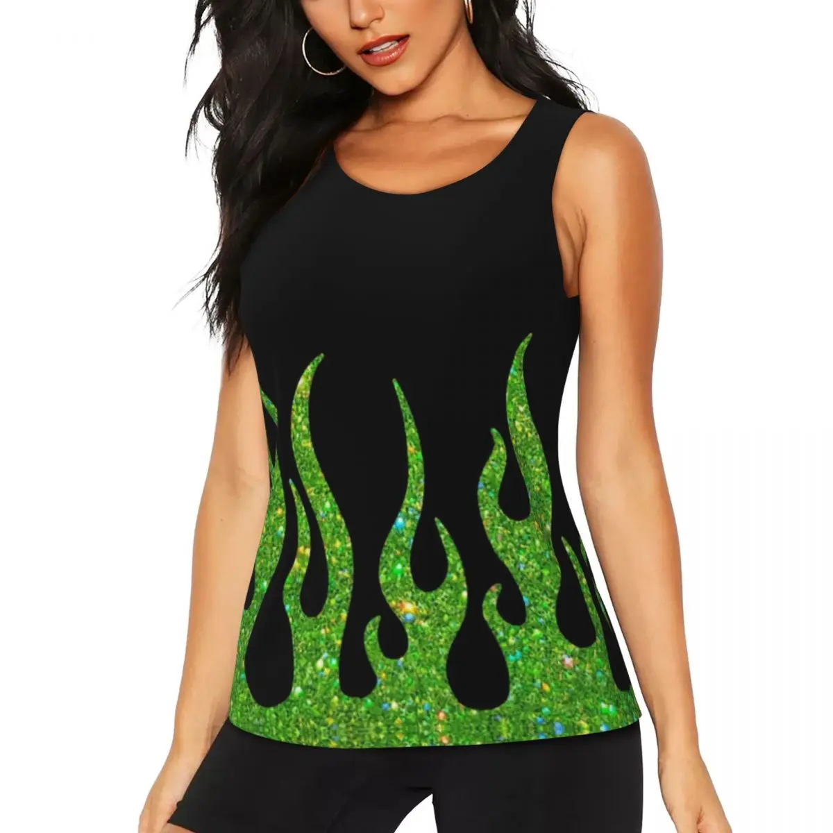 

Custom Green Glitter Flames Yoga Shirt Women Vintage Fire Aesthetic Athletic Gym Tank Tops