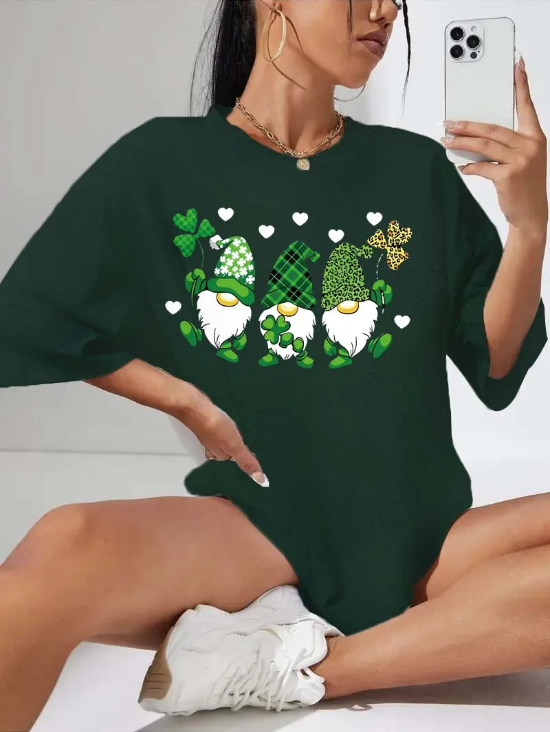 

Plus Size Charming Gnome And Clover Graphic Tee For Whimsical Elegant Style