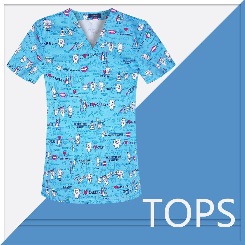 Camisa de manga corta con bolsillo para uniforme, camisa 100% de algodón con estampado de dientes, ropa de trabajo para médicos, hospitales, enfermería de mascotas, Top de dentista, venta al por mayor