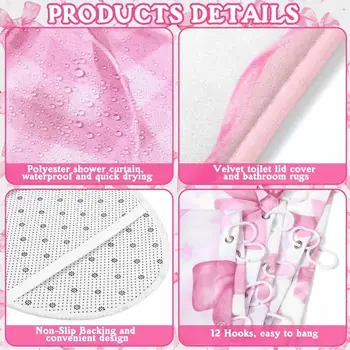 8件式粉紅蝴蝶結浴簾,浴室裝飾,可愛又俏皮的浴室配件,蝴蝶結美學少女風浴簾 10 最佳銷售 浴室配件套裝 - №6