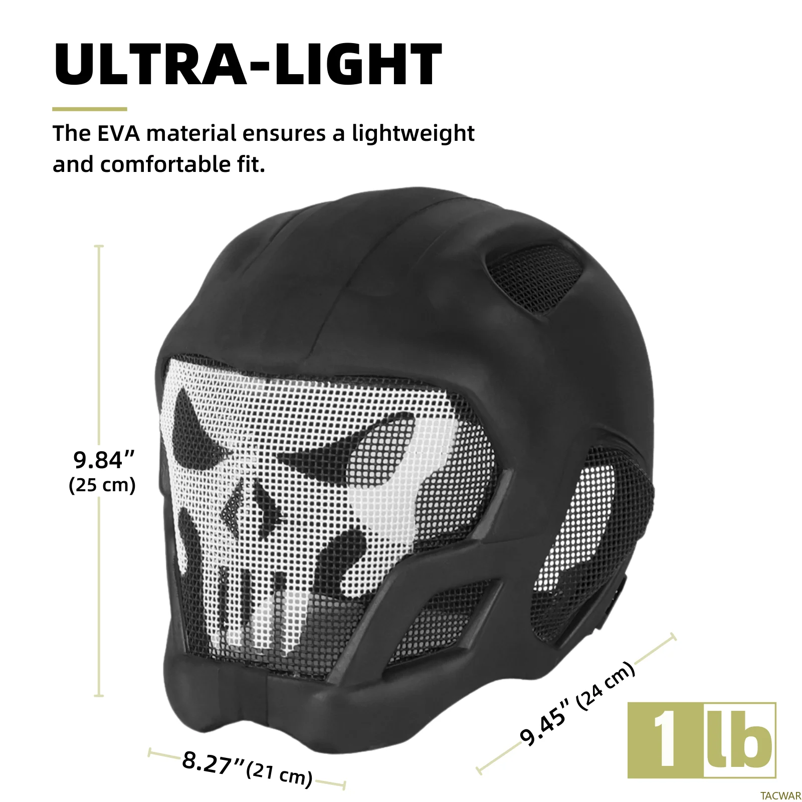 EVA Airsoft Helmet Full Face with Breathable Steel Mesh, Ultra-Light Large Area Ventilation Adjustable Buckle Skull Mask