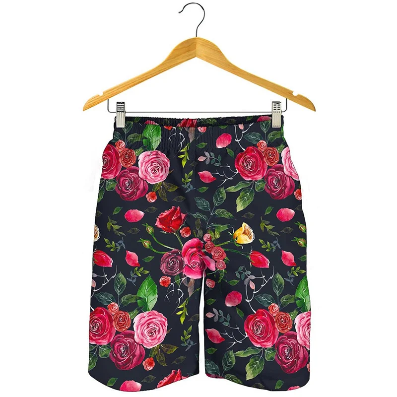 Red Rose Flower 3d Print Beach Shorts For Men Summer Street Oversized Short Pants Swim Trunks Fashion Surfing Board Shorts