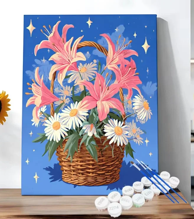 Diamond Painting Diamond Painting  By Numbers DIY Handmade Vibrant Lily and Daisy Flower Basket Twinkling Blue Background Unfr
