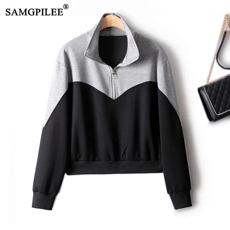 

Women's Casual Sports Sweatshirts 2022 Autumn New Air Cotton Contrast Color Short Stand Collar Korean Fashion Female Clothing