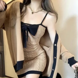 Sweet Bow Design Knitted Mini Dress Women Winter Sexy Club Party Sling Dresses